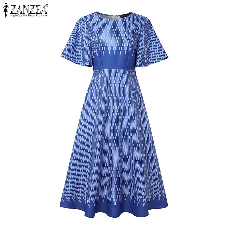 ZANZEA Women Casual Round Neck Loose Short Sleeve Print Dress Summer