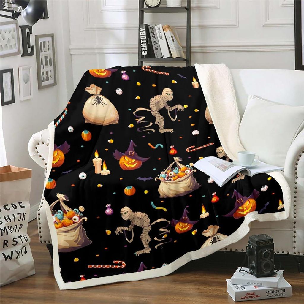 Halloween Ghost Blanket Soft Fleece Throw Pumpkin Spider Web Design Home Decor Party Gift Kids Room