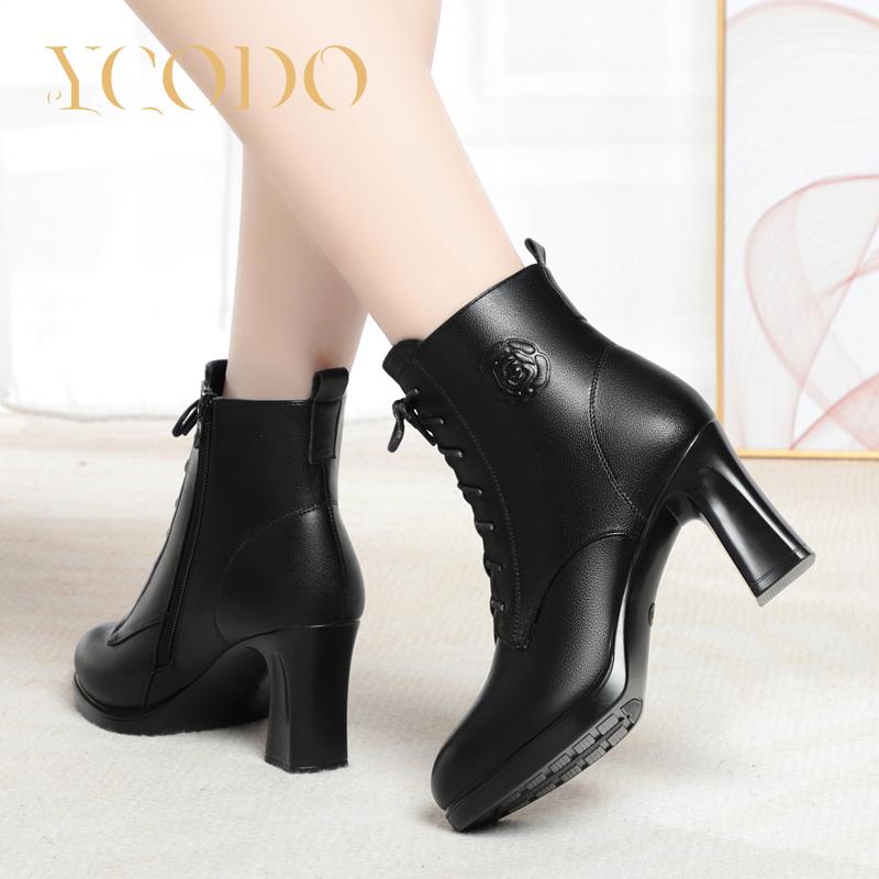 Женские осенние и зимние удобные кожаные ботинки на высоком каблуке — фото 6