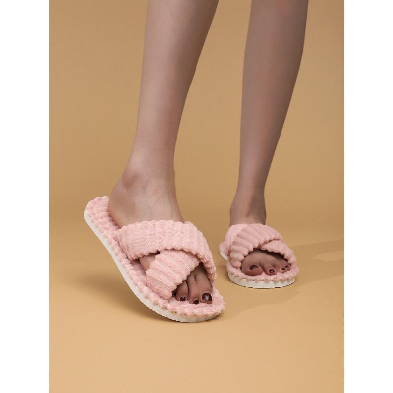 Ladies Cross Strap Corduroy House Slippers, Striped Comfy Cotton Four Seasons Indoor Slides