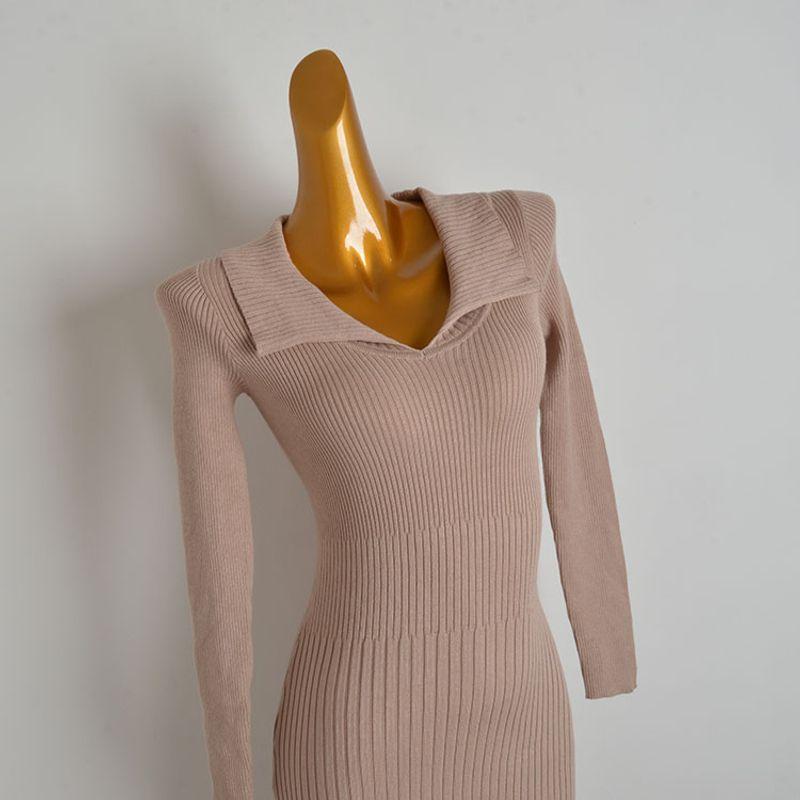 European and American Sexy Gyaru Long Slim fit Slimming Long sleeve V-neck Knitted dress Waist Hugging Sheath over the Knee Long dress Women