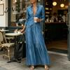 Mid-length Dress Women Button Down Maxi Denim Dress, Long Sleeve Lapel V Casual Loose Neck Flowy A-line Jean with Pockets Summer