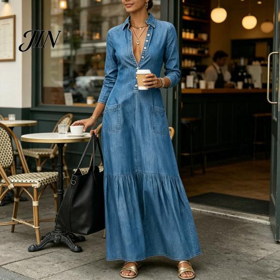 Mid-length Dress Women Button Down Maxi Denim Dress, Long Sleeve Lapel V Casual Loose Neck Flowy A-line Jean with Pockets Summer