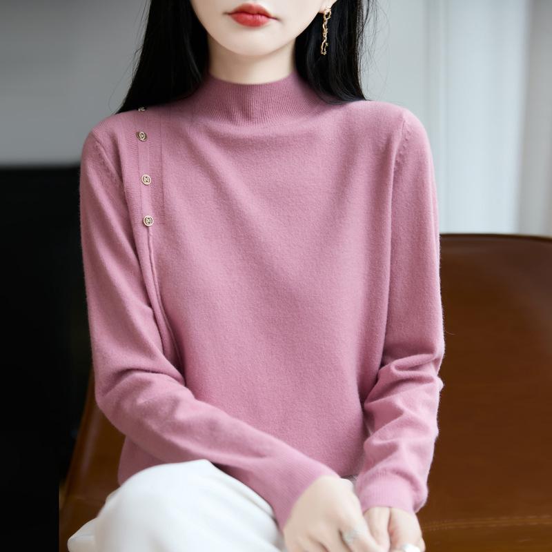 Women's Mock Neck Knit Sweater Button Decor Long Sleeve Solid Color Base Layer Top