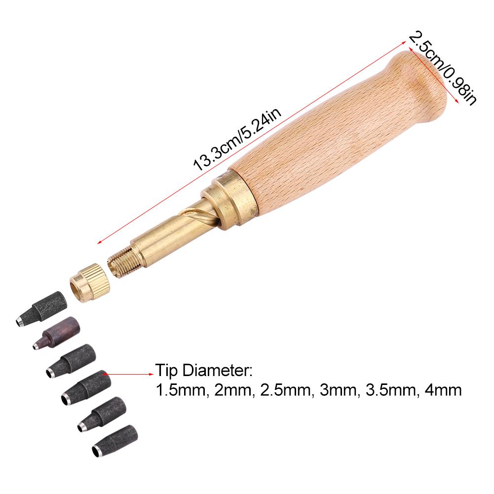 Wooden Handle Screw Auto Hole Punch Leather DIY Hand Craft Stitching Tool with 1.5-4mm Tips