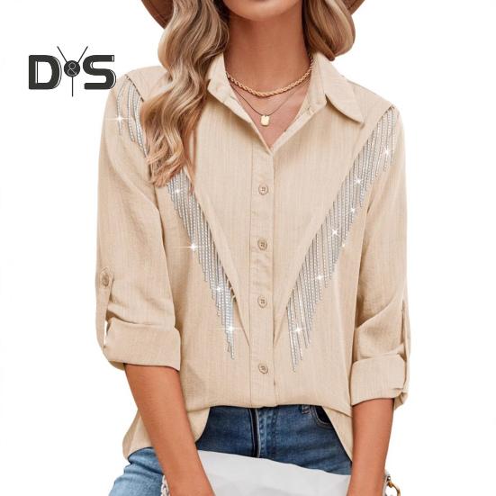 

Женская рубашка с лацканами, длинным рукавом, пуговицами, планкой, стразами, кисточками, однотонная, свободная повседневная рубашка XXL абрикосовый