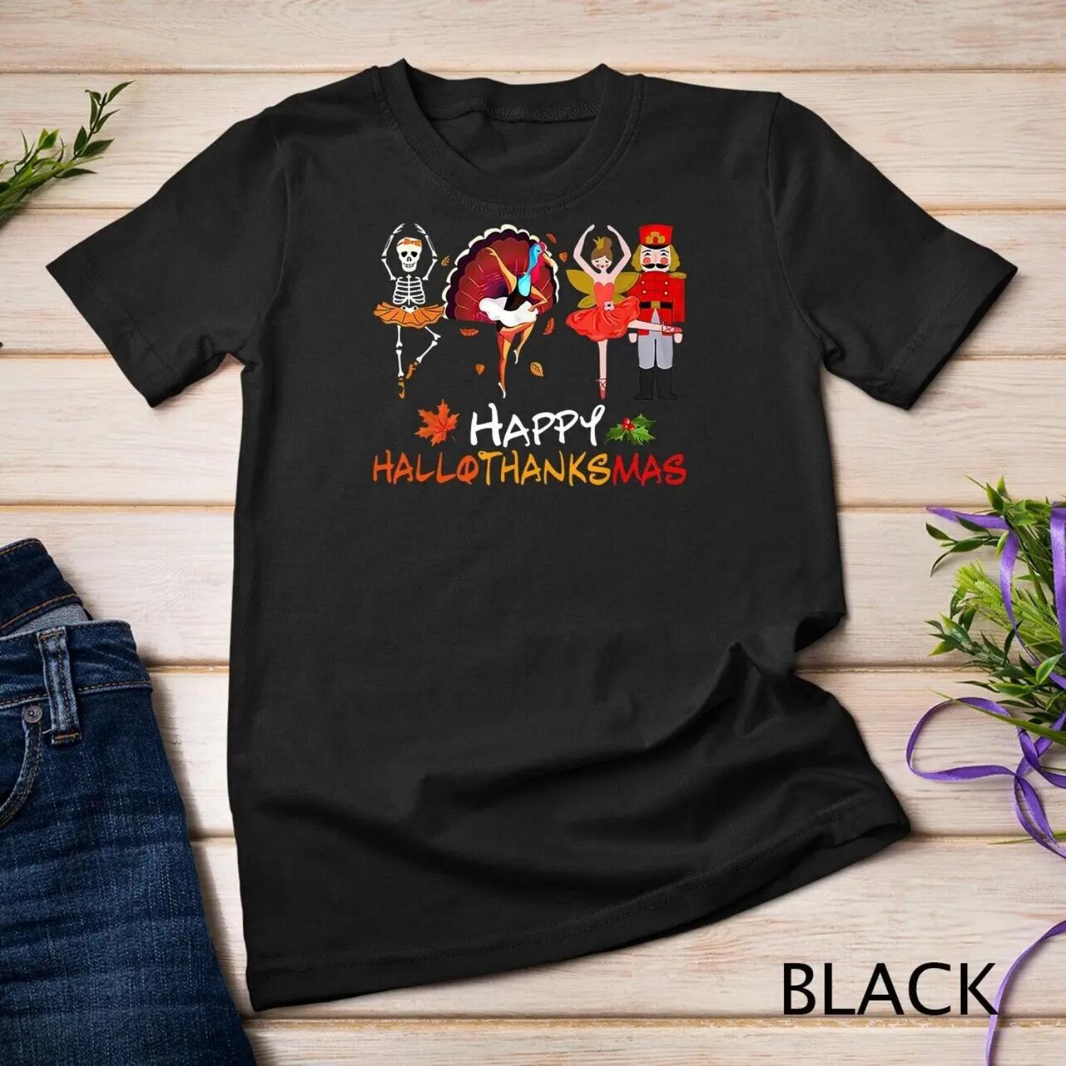 Happy HalloThanksMas Ballet Skeleton Dancing Halloween T Shirt S чёрный