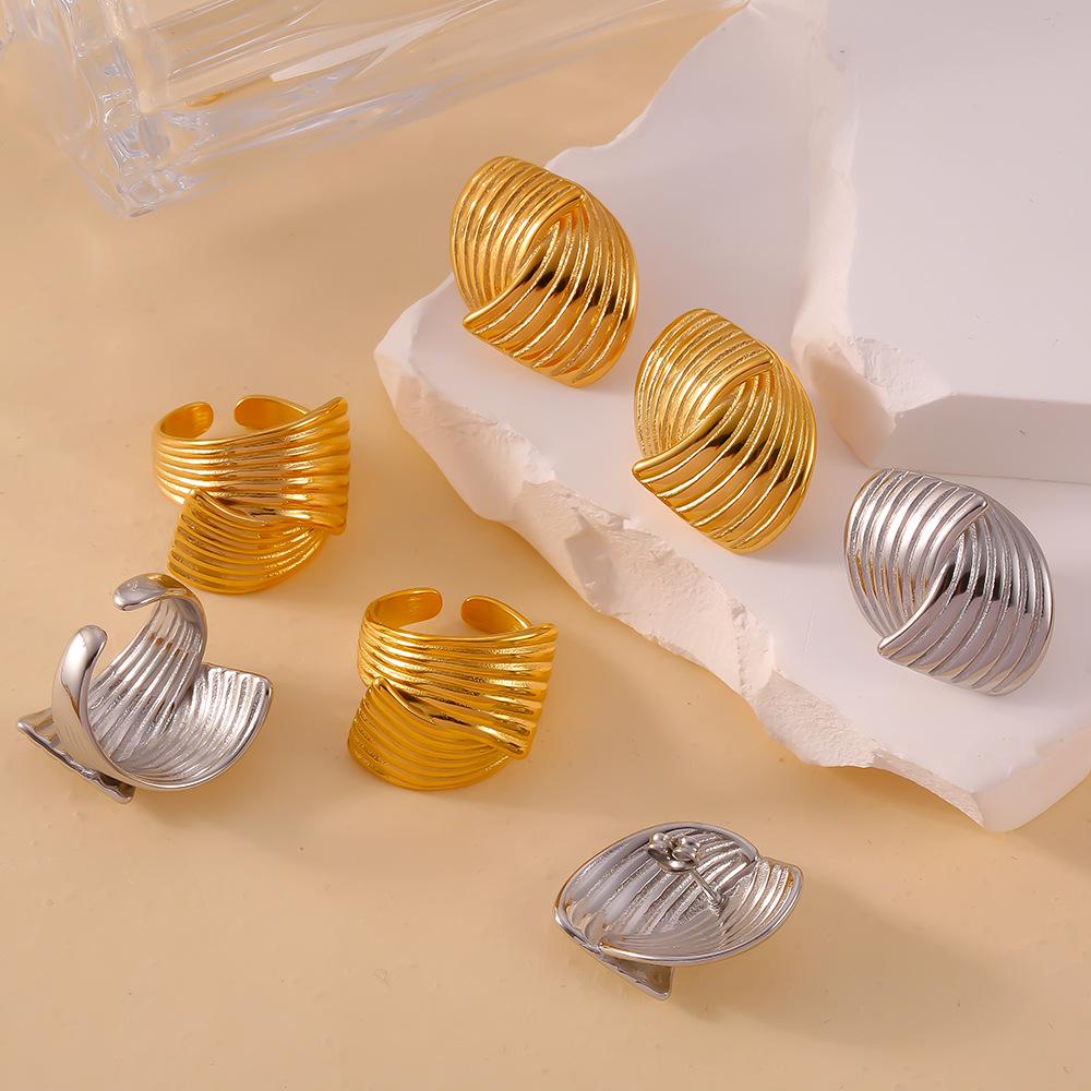 18K Gold Plated Titanium Steel Textured Earrings and Ring Set for Women