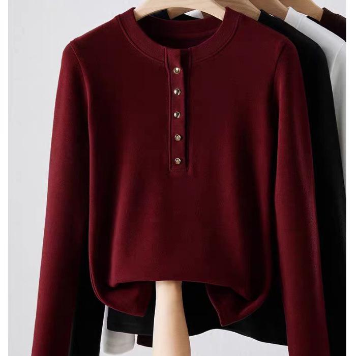 Women's 270g Slimming Long-Sleeve Fleece T-Shirt, Spring/Autumn 2025 Style, Button-Up Round Neck