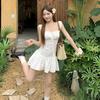 French White Embroidered Hollow Suspender Dress Women's Spring and Summer Seaside Vacation Temperament Waist and Thin Short Skirt