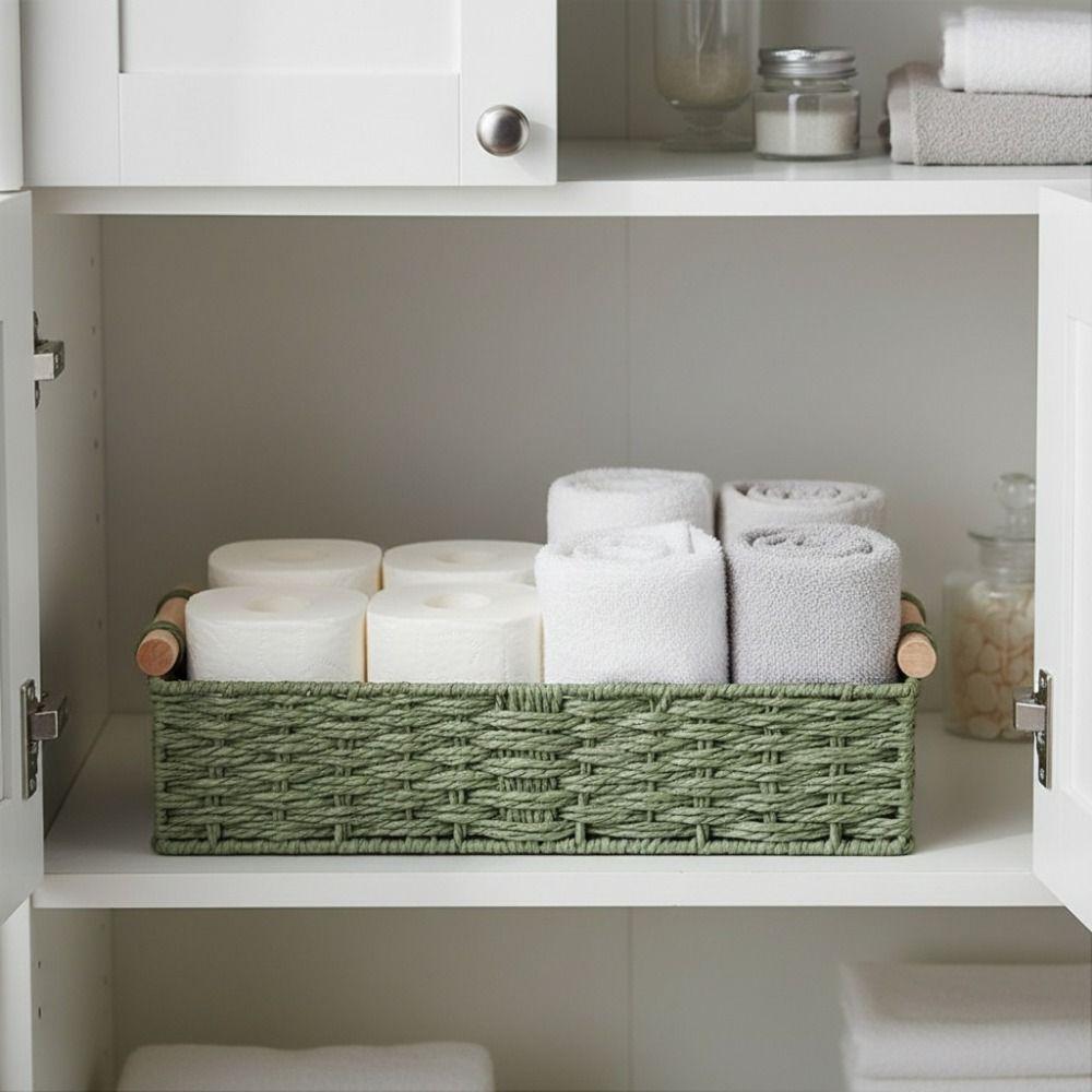 Handwoven Braided Toilet Paper Basket Wood Handle Sundry Storage Basket Snack