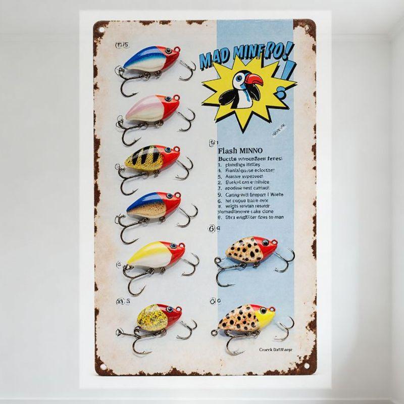 

Vintage Fishing Lures MAD MINNOW Tin Sign Metal Poster for Fishing Enthusiasts Retro Fishing Ad Decor 8x12 Inch Wall Art for B 20x30cm（7.8x11.8inch）