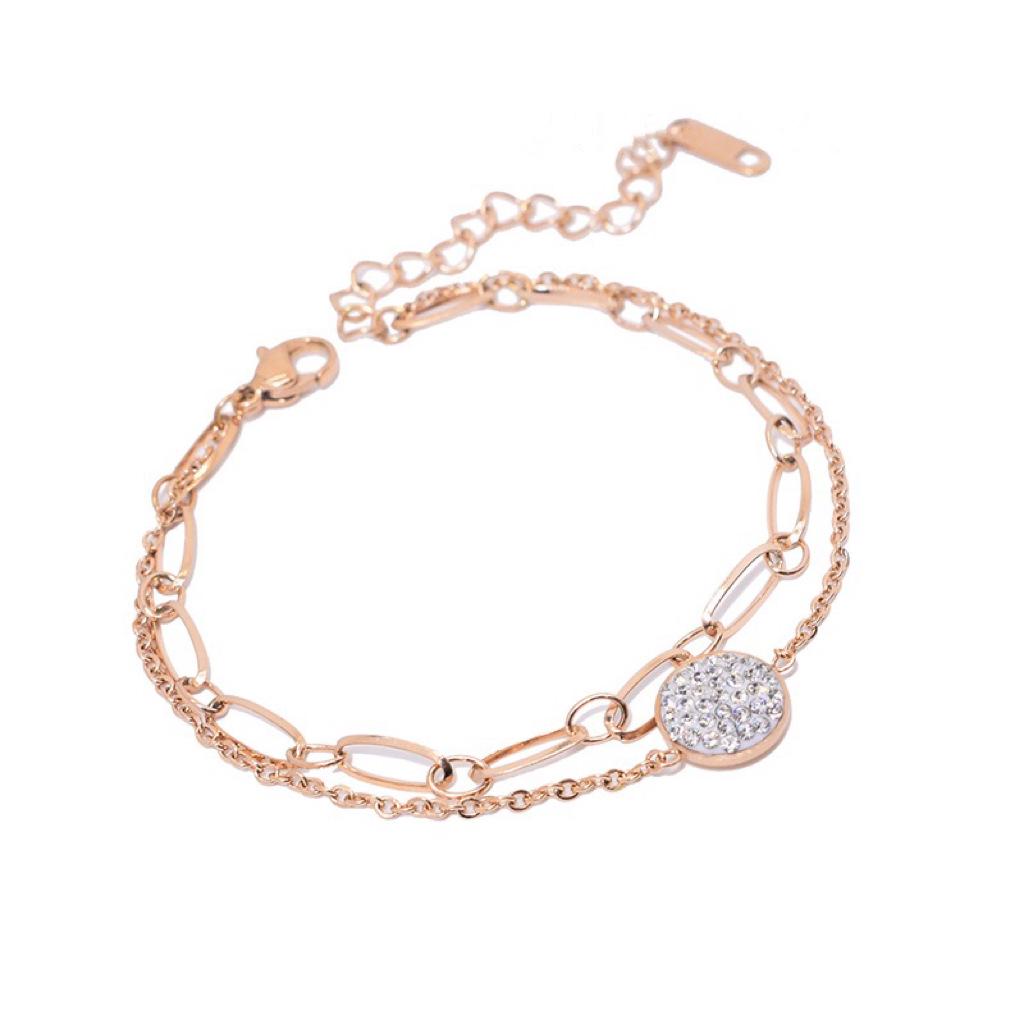 Rose Gold Double Layer Diamond Pendant Bracelet - Stylish and Unique Titanium Steel Jewelry for Women