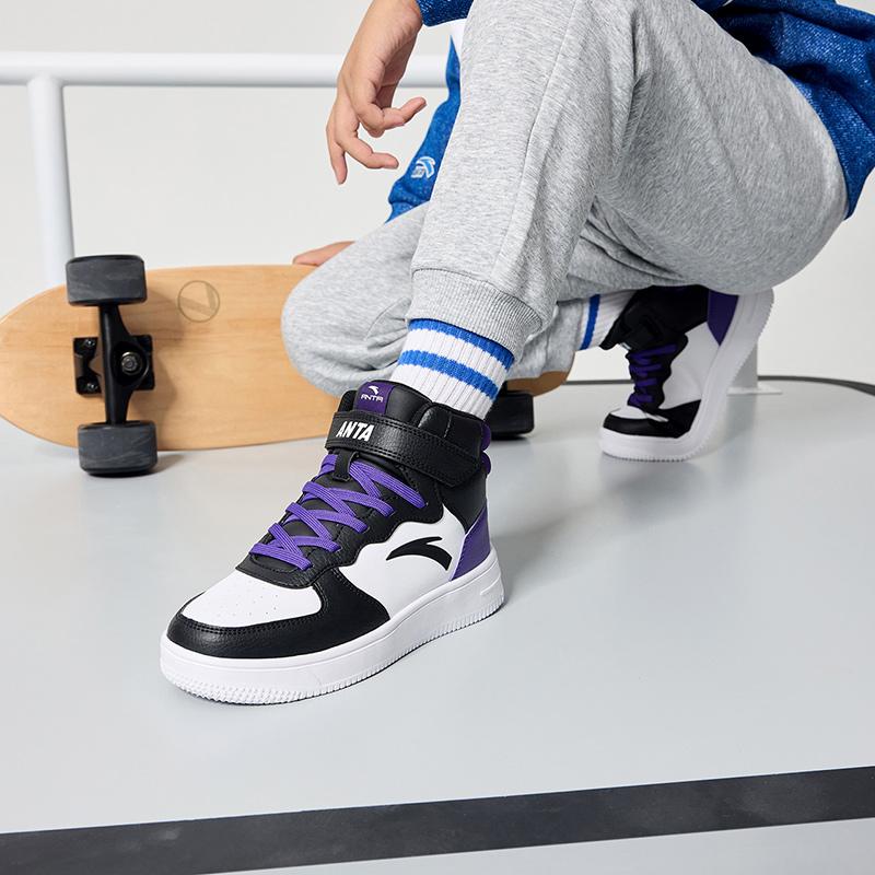 Anta Kids Casual Comfortable Non-Slip Shock Absorbing Wear-Resistant High-Top Sneakers Kids Sneakers White Black Purple A33038015J-4
