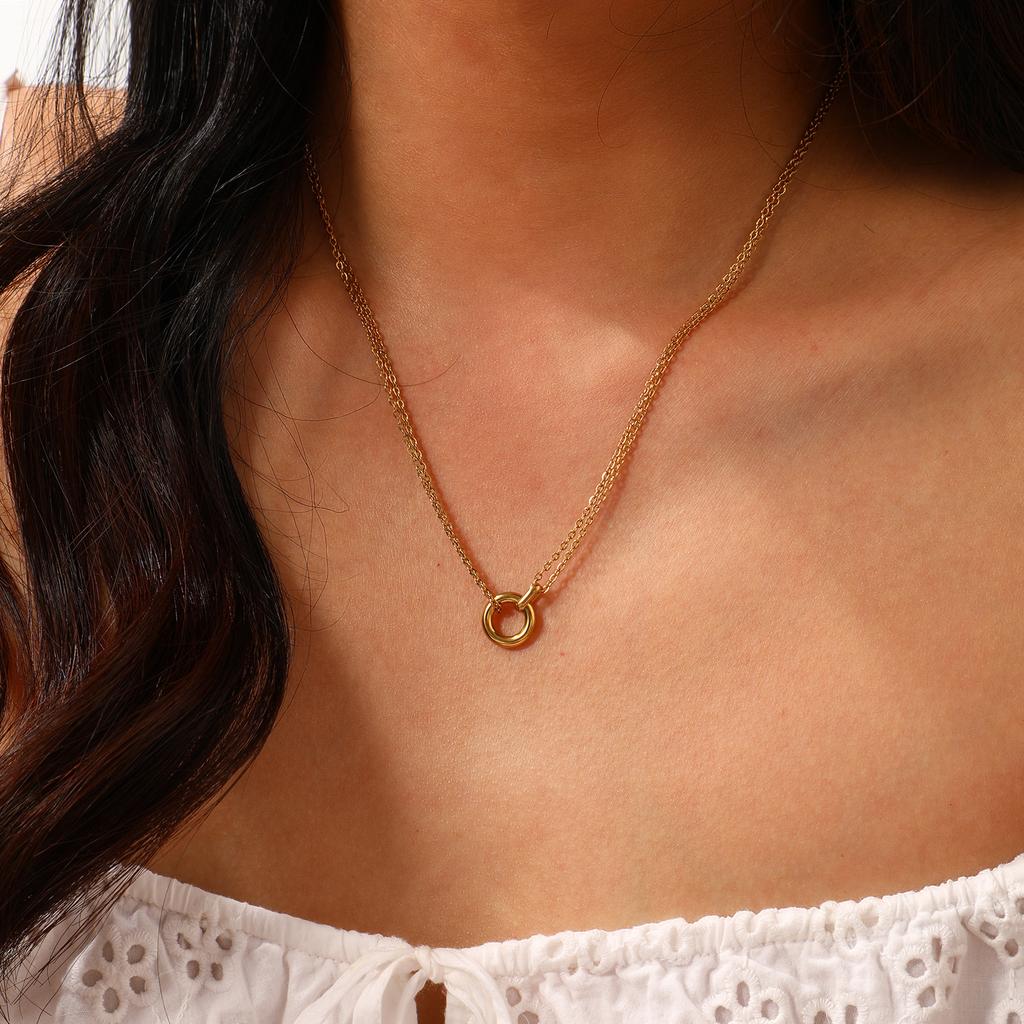 Minimalist Circle Pendant Necklace 18K Real Gold Plated Stainless Steel Ring Charm Necklace Jewelry For Women Gift 42cm +8cm