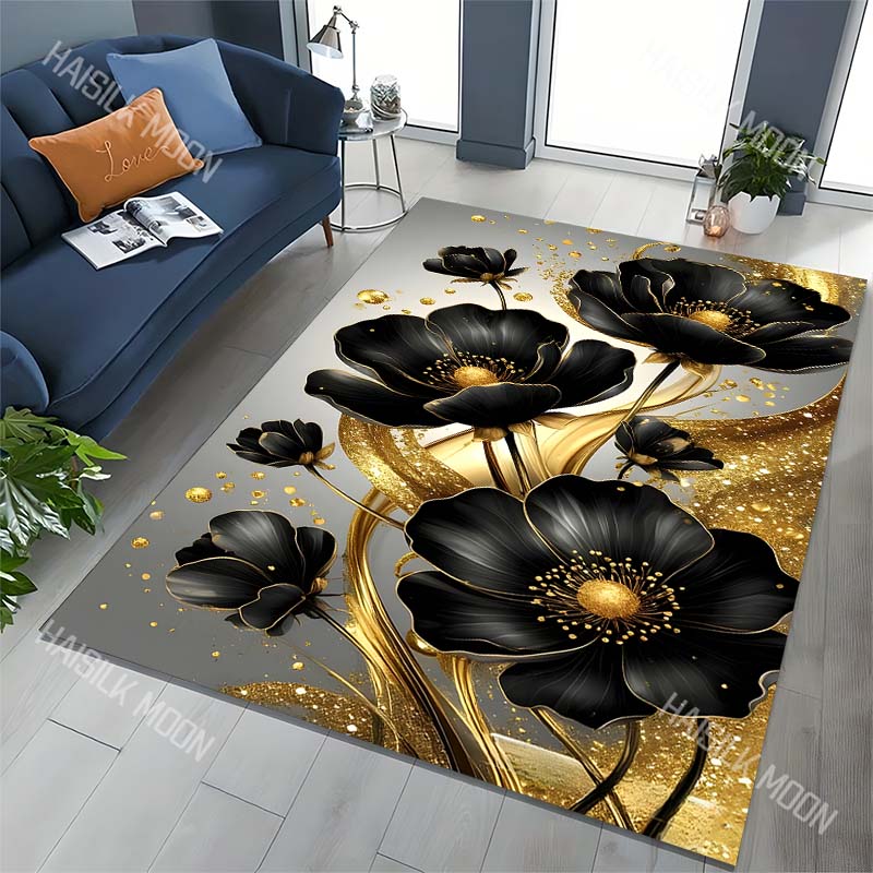 Beautiful Golden Flowers Carpet for Living Room Bedroom Bedside Floor Mat Sofa Table Area Rugs Home Decor Large Size