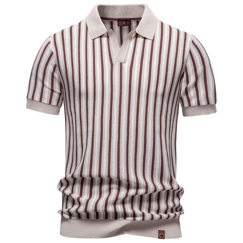 Summer Men's Striped Knit Polo Shirt Short Sleeve Casual Top