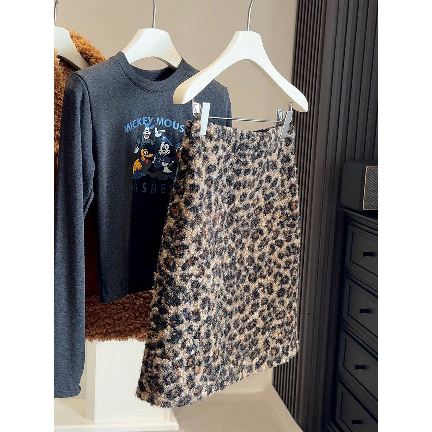 

High-Waist Slimming Lambswool Leopard Print A-Line Skirt - Women s Spring/Autumn Hip-Hugging Mid-Length Skirt 4XL