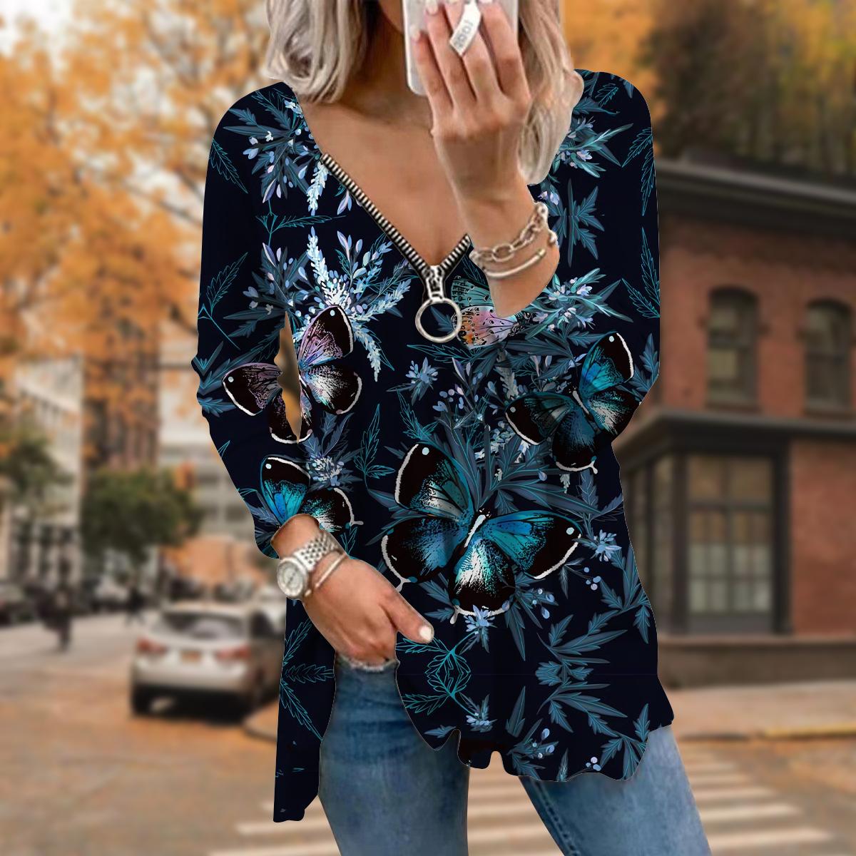 

Жіночі осінні футболки з довгими рукавами з принтом метеликів, вільні футболки з v-подібним вирізом, плюс розмір, зручна блуза 8XL світло-синій колір