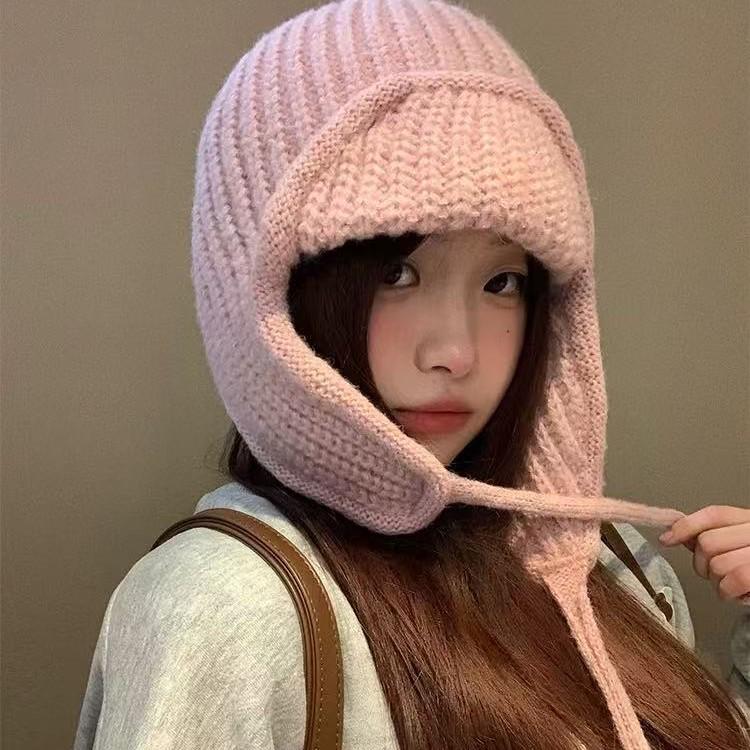 Korean-Style Photogenic Pink Knitted Wool Hat: Women's Warm, Ear-Protecting, Versatile Ski Hat for Autumn/Winter