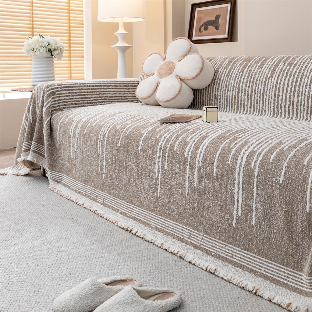 Fluffy Lines Stripes Jacquard Sofa Towel with Tassels, Double-side, for Living Room Camping Picnic Large Blanket Leisure Relax