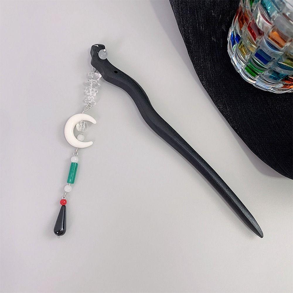 Fairy and Devil Wooden Cheongsam Moon Tassel Hanfu Hair Sticks Ancient Style Hairpin Ancient Headwear Chinese Style Headwear