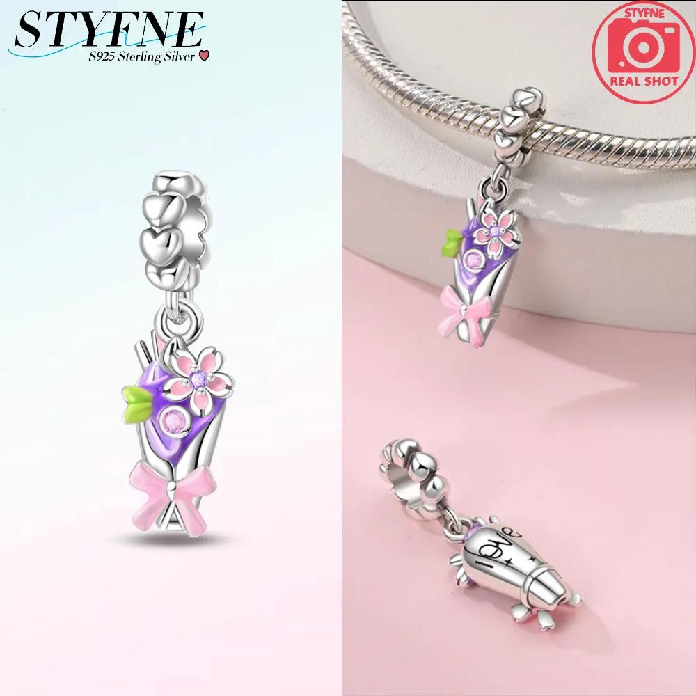 Authentic copper Colored Flower Pendant Pink Plants Lucky Charm Bead Charms Bead Charms Compatible With Bracelets Women Accessory Fine Gift Diy Jewell