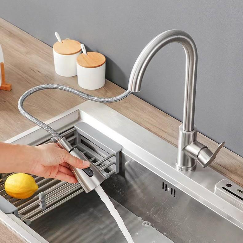 Stainless Steel Telescopic Rotatable Pull-Out Kitchen Faucet with Dual Water Outlets