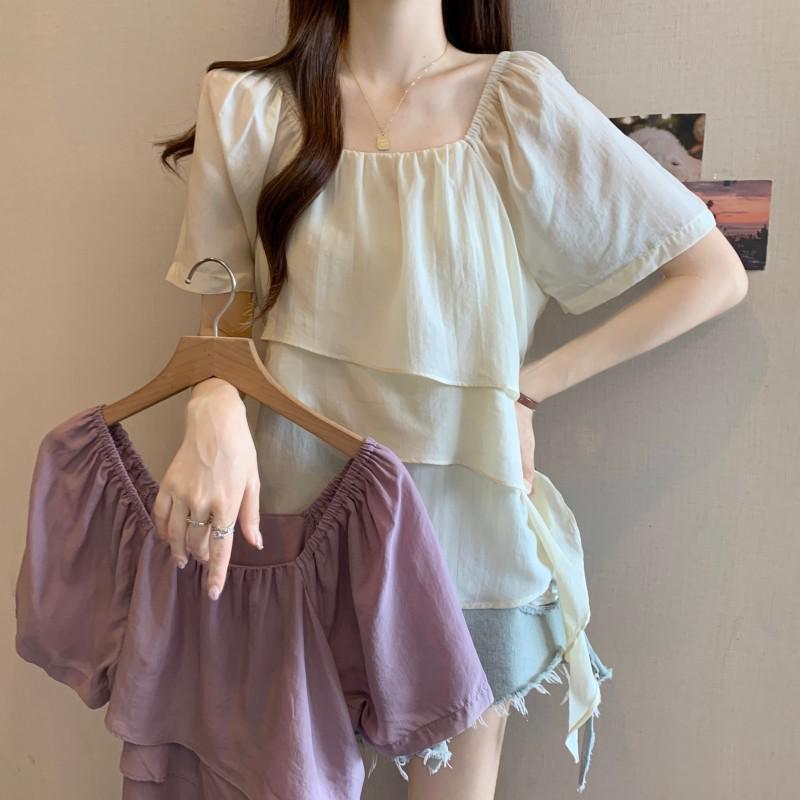 Real Shot: Plus Size Curvy Women s French Square Neck Layered A-Line Chiffon Top L Plus абрикосовый