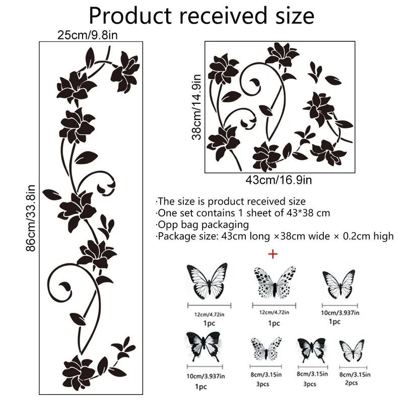 Fashion 3D Home Wall Fashion Decor Butterfly Wall Stickers Black Flower Rattan Living Room Background Room Wall Stickers Dark