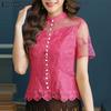 ZANZEA Women Casual Stand Collar Short Sleeve Lace Embroidery Patchwork Blouse