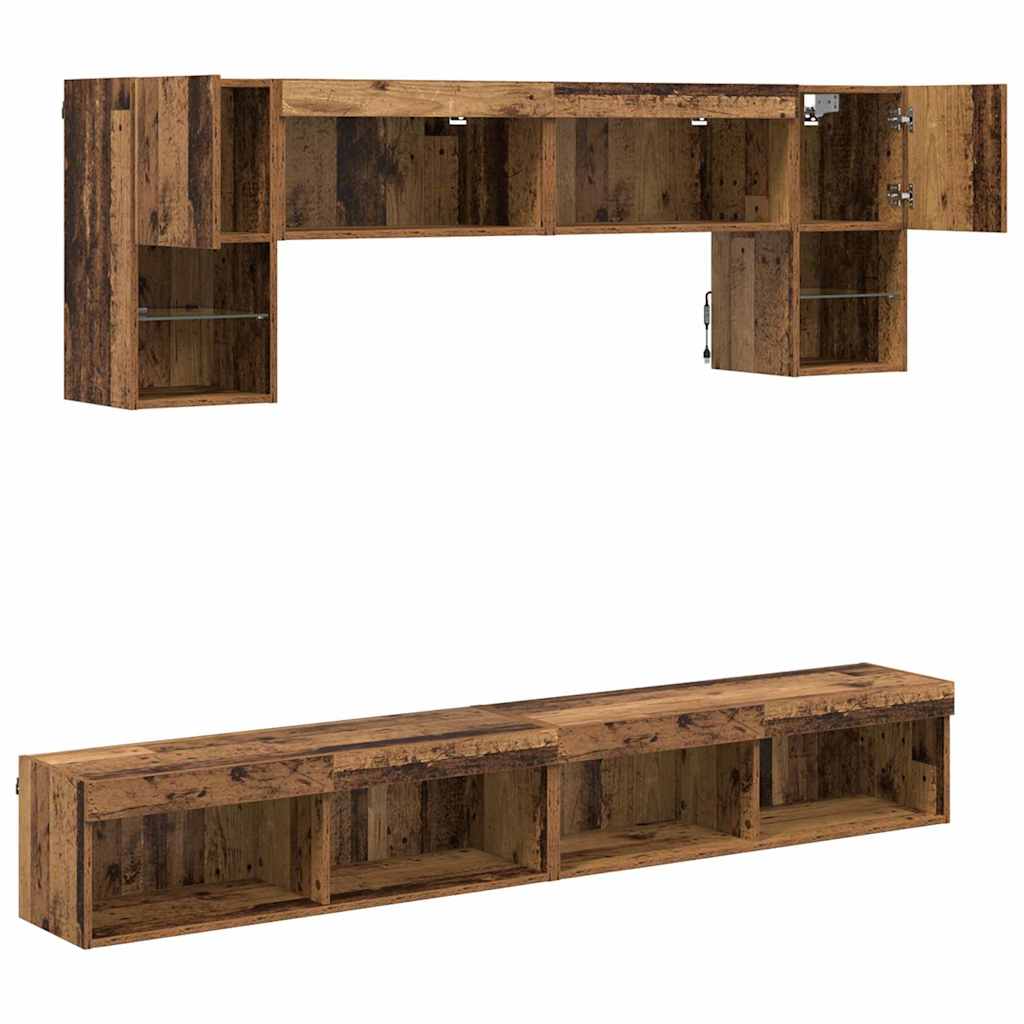 TV Wall Unit with LED 6 pcs Reclaimed Wood Composite