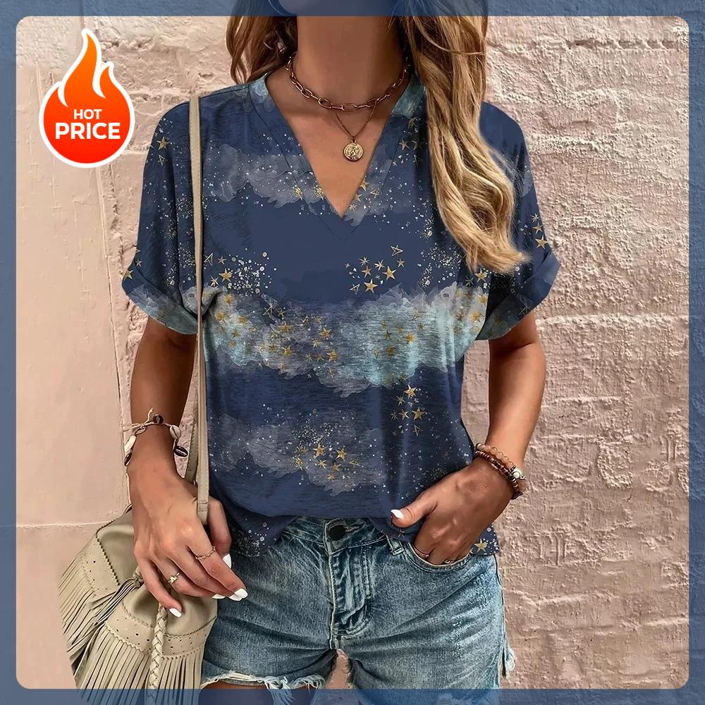 Vintage V-Neck Women's T-Shirt Summer Short Sleeve Tee Casual Harajuku Stripe Print T Shirt for Women Streetwear Pullover Tops