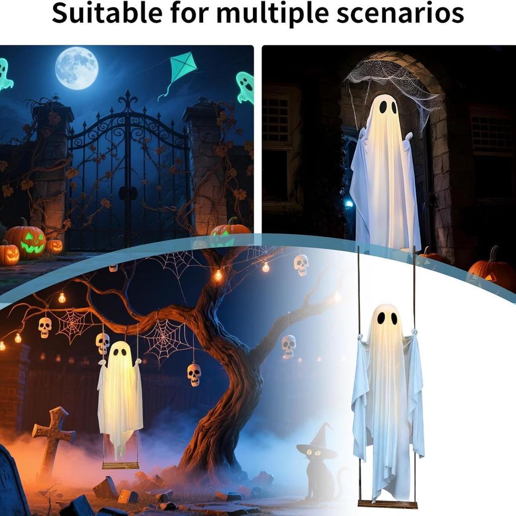 120cm Swinging Ghost Outdoor Decor on a Swing Adjustable Hanging Halloween Decor with String Lights Spooky Cute Ghosts