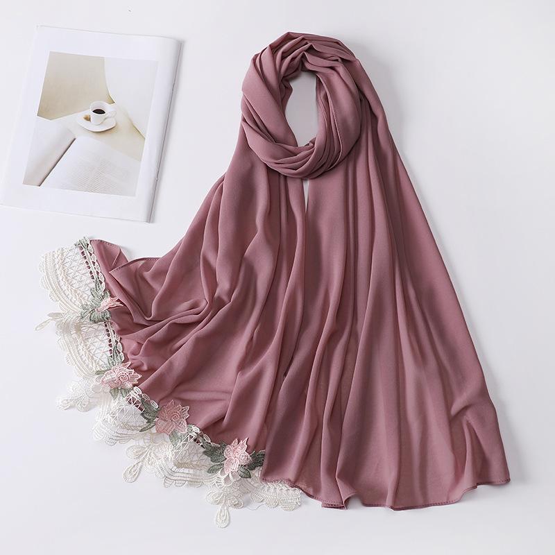 New Premium Pearl Chiffon Hijab Long Shawl Embroidered Lace Floral Muslim Women Wrap Headscarf 70X175Cm Abaya Islam Turban Femme