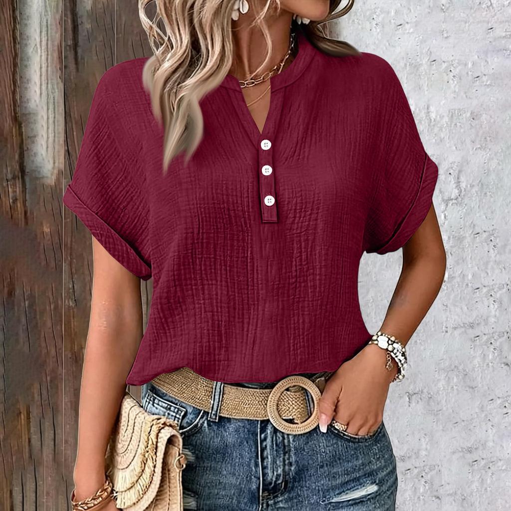 Womens Summer Tops Casual Button V Neck Short Sleeve Shirts Loose Pullover Tops Oversized Lightweight Blouses