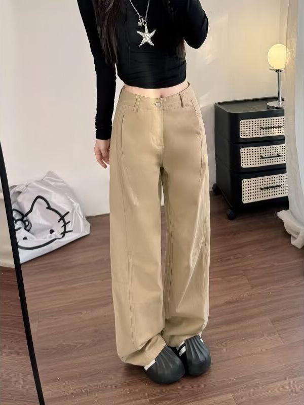 Women's High-Waisted Khaki Wide-Leg Jeans: Spring/Autumn Loose-Fit, Pear-Shape, Slimming Straight-Leg Pants