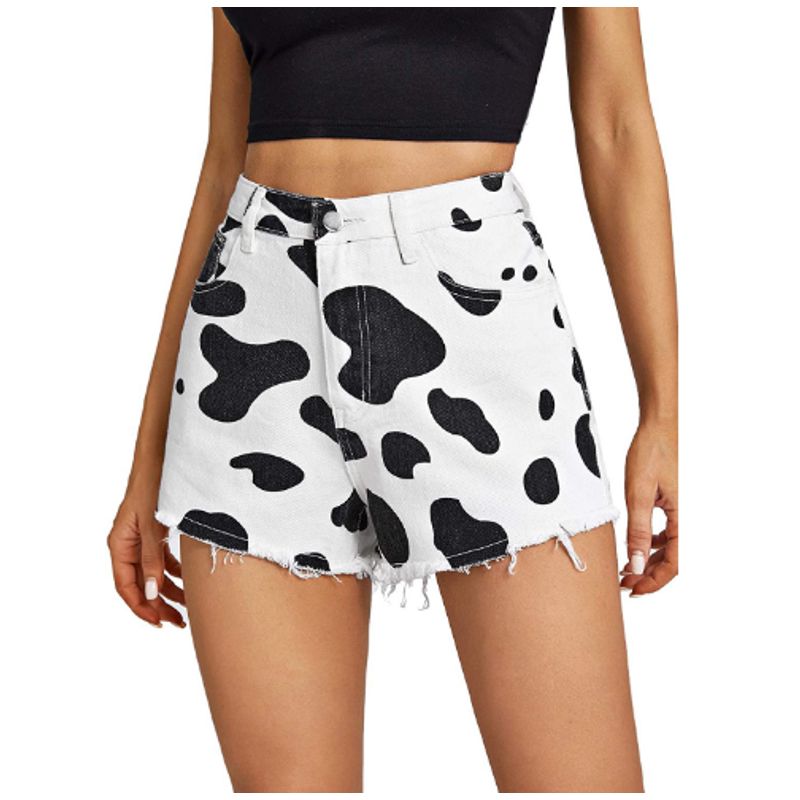 

European and American-Style Street Printing High-Waist Casual Cool Jeans Black and white shorts S