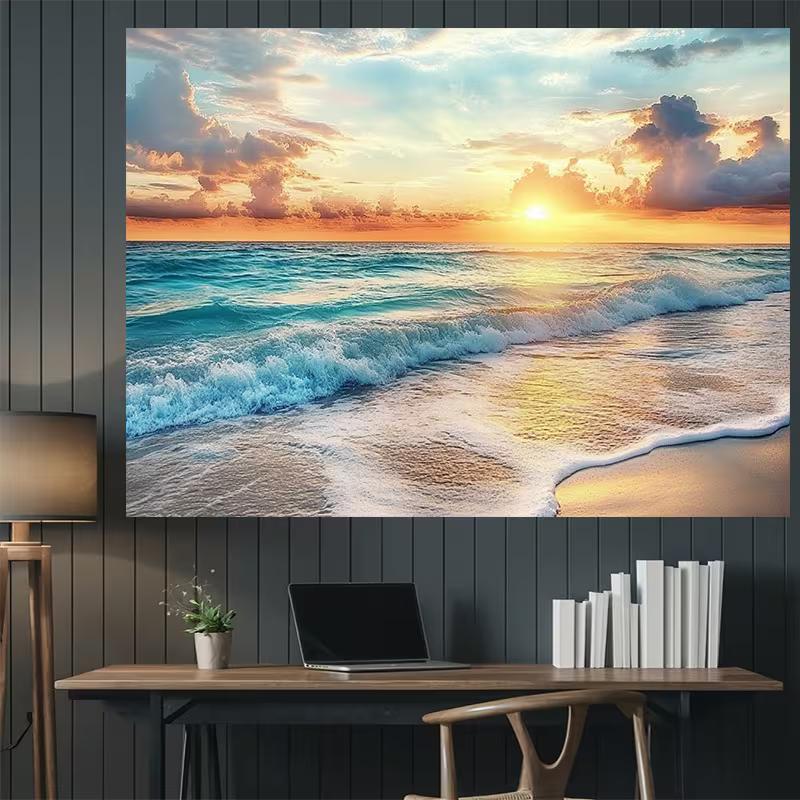 2D Coastal Sunset Tapestry, Ocean Wave & Cloudy Sky for Bedroom
