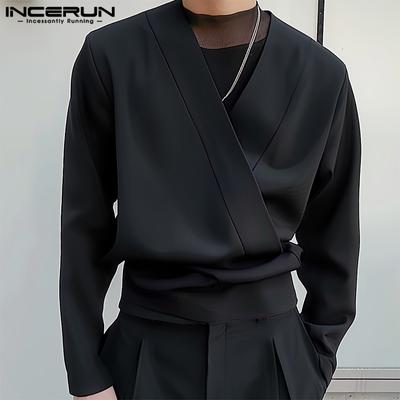 Men V Neck Long Sleeve Open Front Tops Casual Slim Waist Pullovers