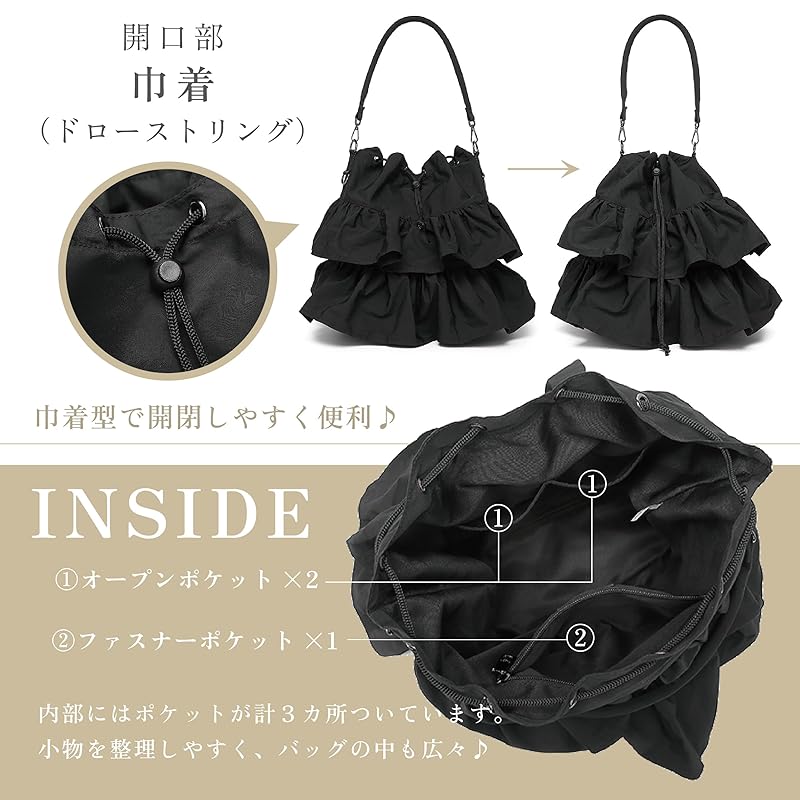 [Guscio Italy] Frills 2WAY Tote Bag Purse Casual Outfit Lightweight Crossbody Bag Sub Bag Ladies Fashion Italy 12-1134 (black)