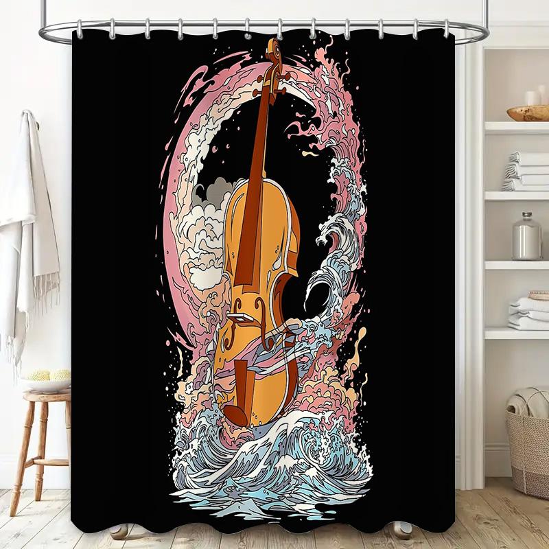 Vintage Violin Ocean Wave Shower Curtain Artistic Music Lover Bathroom Decor Japanese Style Washable Waterproof Tapestry