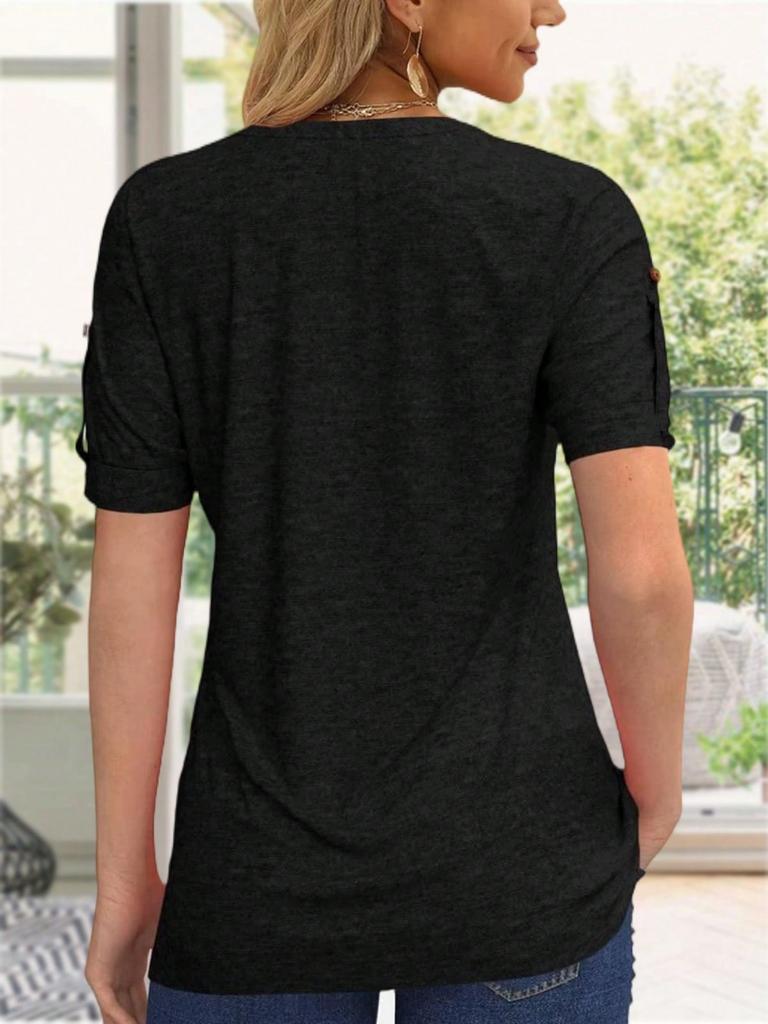 Women's Pleated V Neck T-Shirt Short Sleeve Solid Color Zipper Summer Casual Top