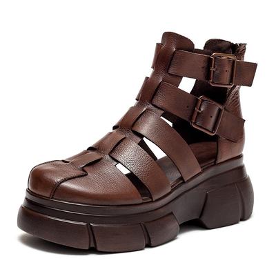Högkvalitativa 6 cm retro tjockklackssandaler för kvinnor äkta läder sommar högklack stängd tå sandaler spänne dragkedja plattformsskor