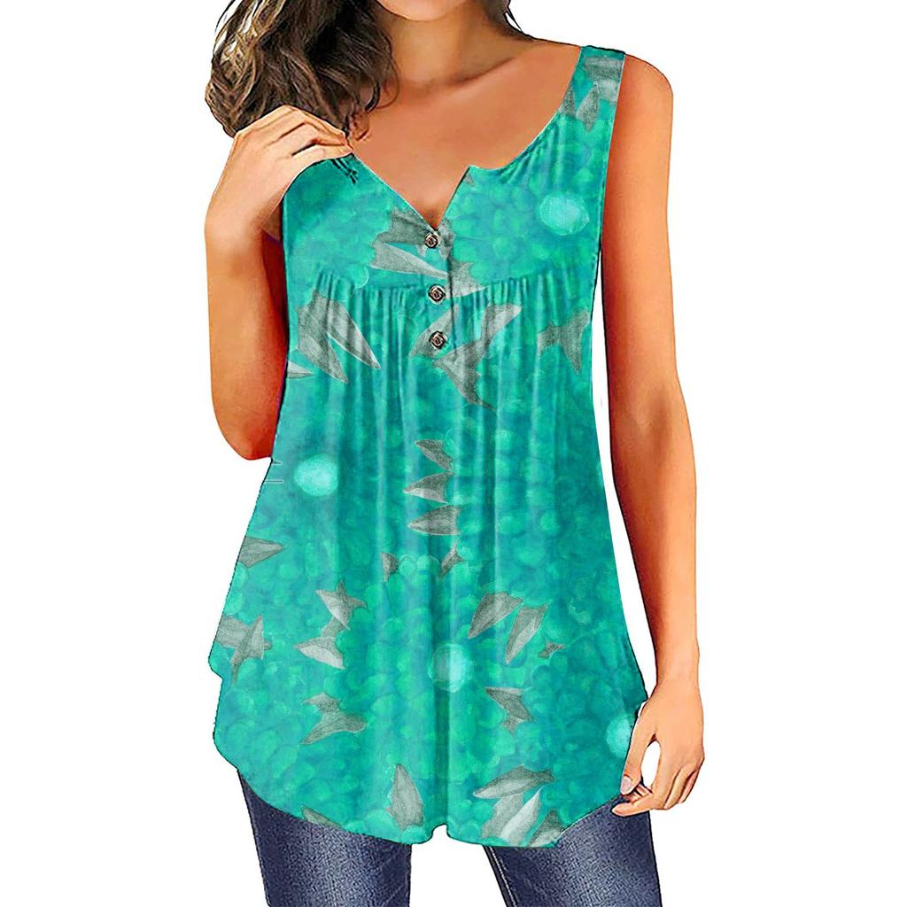 Women's Fashion Floral Printing Pleated Sleeveless Casual T-shirt Vest Button Top
