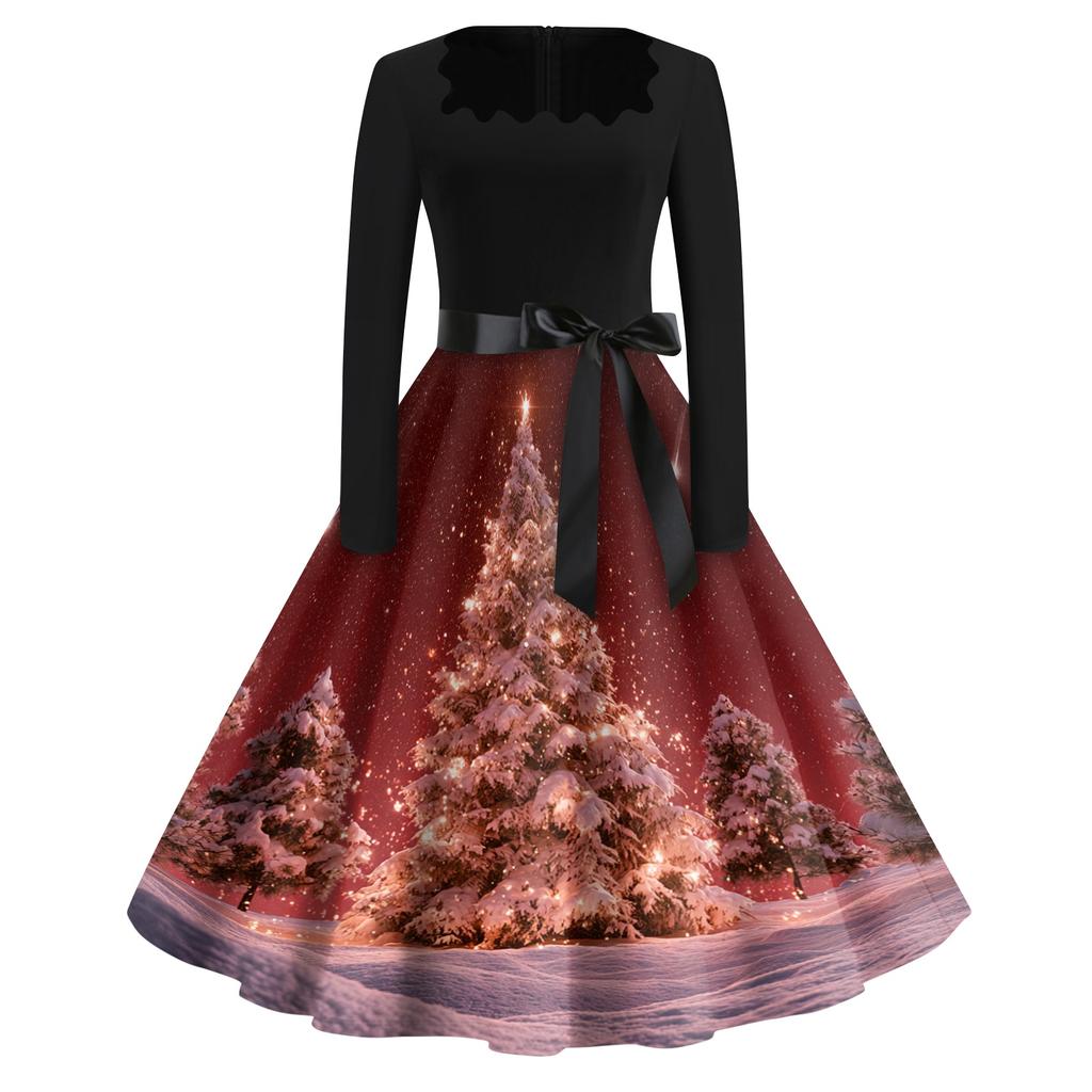 Women's Vintage Fashion Halloween Print Square Neck Casual Dress for Party and Daily Wear
