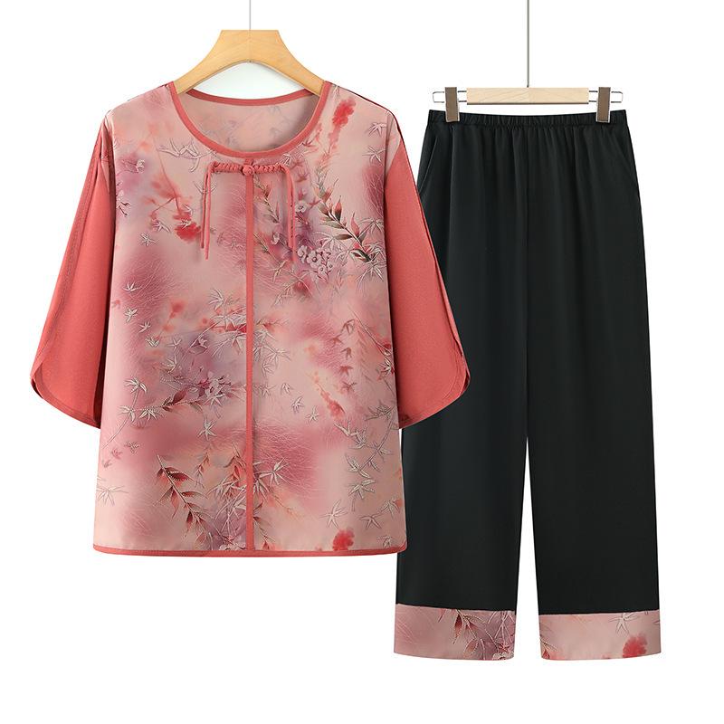 

Summer 2026 New Chinese Style Outfit: Two-Piece Shirt and Trousers Set for Middle-aged and Elderly Women 4XL - 135-150 jin червоний