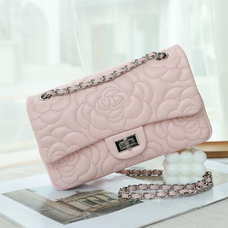 2025 Lambskin Camellia Diamond Quilted Coco Style Women's Crossbody Chain Bag
