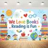 Nous Aimons les Livres Lire est Amusant Toile de Fond Photographie Dessin Animé Journée du Livre pour Enfants Salle de Classe Bibliothèque Fête de Lecture Décor Photo Bann