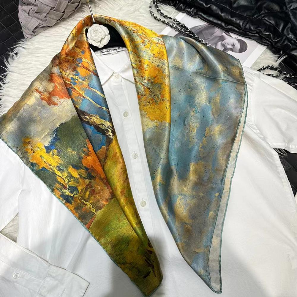 Bysifa|Blue Green Ladies 100% Silk Scarf Fall Winter Oil Painting Floral Style Large Scarves Shawls Fashion Summer Beach Cape